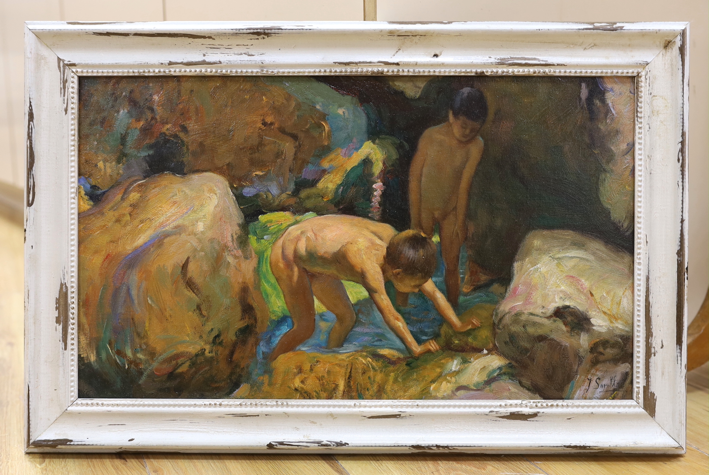 After Henry Scott Tuke, oil on board, two children bathing, 29 x 49cm